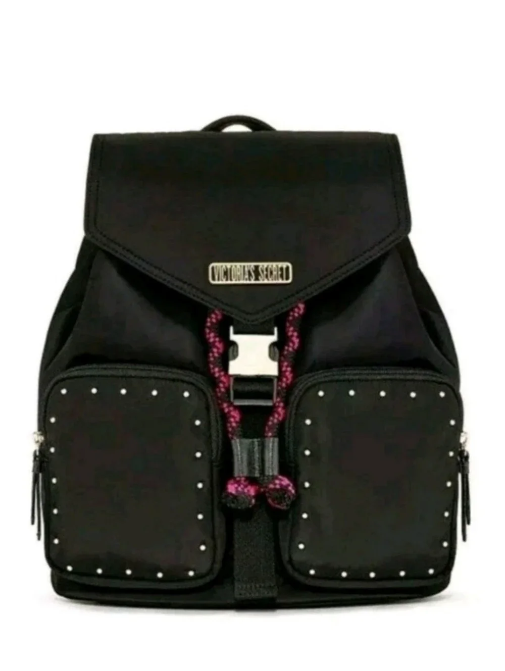 Victoria's Secret Getaway Cargo Black Backpack Pink Accents NWT